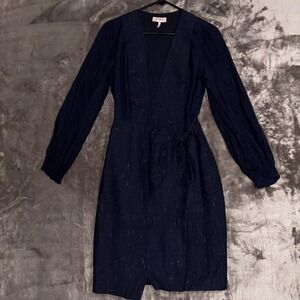 Tailored by Rebecca Taylor Navy‎ Blue Dress V Neck Long Sleeve Metallic Detail